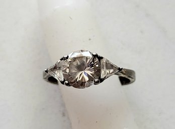 VINTAGE STERLING SILVER TREE STONE CZ ENGAGEMENT RING---SIZE 6 1/2