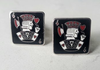 VINTAGE SILVERTONE ENAMELED KING OF HEARTS PALYING CARD CUFF LINKS