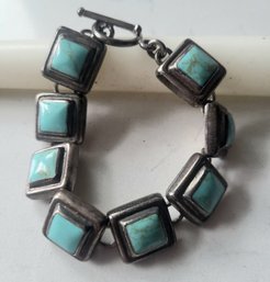 VINTAGE STERLING SILVEER INLAY TURQUOISE SQUARE LINK BRACELET---7 1/2'L