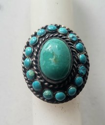 VINTAGE STERLING SILVER NATIVE AMERICAN INSPIRED COCKTAIL RING WITH BLUE/GREEN STONES