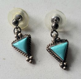 VINTAGE STERLING SILVER TEXTURED TURQUOISE DROP EARRINGS--SIGNED JS STERLING
