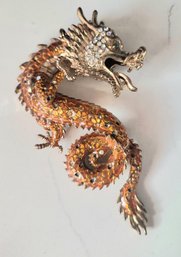 VINTAGE LARGE   QUALITY   PENDANT RHINESTONES DRAGON WITH GREEN EYES & RED TONGUE
