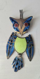 VINTAGE MARKED STERLING MEXICO WITH MAKERS MARK COLORFUL OWL BROOCH/PENDANT