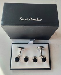 VINTAGE 'DAVID DONAHUE' FROM NORDSTROM SILVERTONE WITH ONYX CUFF LINK & STUD SET(6 PIECES IN ORIGINAL BOX)