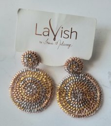 VINTAGE 'LAVISH BY TRICIA MILANEZE' GOLD MIX MED MANDELA EARRINGS--NEW OLD STOCK