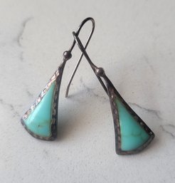 VINTAGE STERLING SILVER MARKED 925 TURQUOISE INLAY DROP EARRINGS