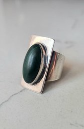 VINTAGE STERLING SILVER WIDE MALACHITE COCKTAIL RING---SIZE 6 1/2