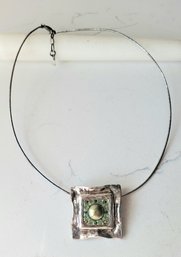 VINTAGE STERLING SILVER 925 CRYSTAL & FAUX PEARL GREEN PENDANT NECKLACE