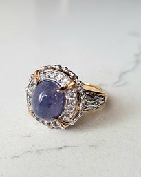 VINTAGE 'VICTORIA WEICK' STERLING SILVER GOLD PLATED COLORLESS TOPAZ & TANZANITE COCKTAIL RING--SIZE 9