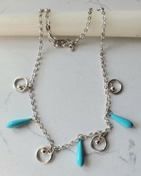 VINTAGE STERLING SILVER ITALIAN COMPOSITE TURQUOISE CHARM NECKLACE---19'L
