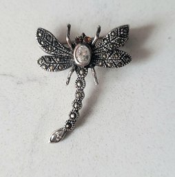 VINTAGE STERLING SILVER 925 MARCASITE CUBIC ZIRCONIA & CITRINE SMALL DRAGONFLY BROOCH