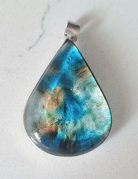 VINTAGE STERLING SILVER WATERCOLOR LARGE PEAR SHAPED RESIN PENDANT