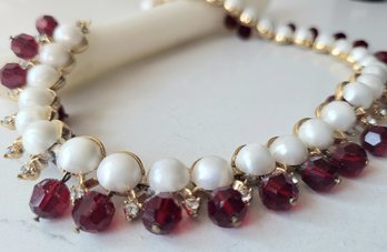 VINTAGE MARKED 'TRIFARI' GOLDTONE CHOKER NECKLACE W/FAUX PEARLS/ FACETED RED BEADS & RHINESTONES