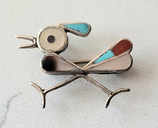 VINTAGE ZUNI STERLING SILVER ROADRUNNER PIN W/TURQUOISE & CORAL