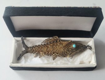 ANTIQUE CHINESE EXPORT SILVER ARTICULATED FISH WITH TURQUOISE EYES PENDANT--ORIGINAL BOX