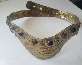 VINTAGE BRASS GLADIATOR BELT WITH COLORED STONES--MADE IN INDIA--APPROX 36'L---ADJUSTABLE