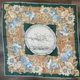 VINTAGE 100 SILK SCARF--MADE IN ITALY--HORSE RACING MOTIF---34'  X 35'