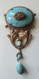 VINTAGE QUALITY  FAUX TURQUOISE & GILT DROPPER BROOCH