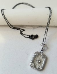 ANTIQUE 14KT WHITE GOLD  ART DECO STYLE CAMPHOR GLASS PENDANT WITH CHAIN NECKLACE----16'L