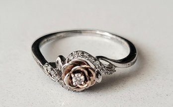 VINTAGE 'DISNEY ENCHANTED PRINCESS' STERLING SILVER MARKED 925  RING WITH CENTER FLOWER DIAMOND- --SIZE 8