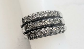 VINTAGE STERLING SILVER THREE BAND RING WITH RHINESTONES---SIZE 5