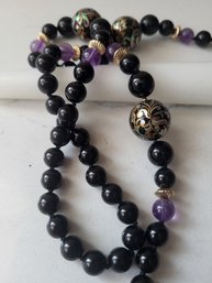 VINTAGE BLACK & PURPLE HANDPAINTED BEADED NECKLACE WITH  14KT YELLOW GOLD BEAD  ACCENTS