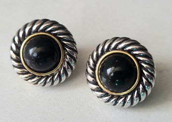 VINTAGE 'NORDSTROM' TWO TONE CLIP ON EARRINGS WITH BLACK STONE