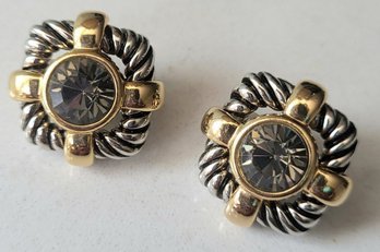 VINTAGE TWO TONE CLIP ON EARRINGS WITH ROUND CENTER STONE