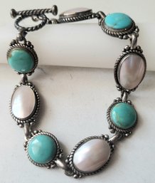 VINTAGE STERLING SILVER MARKED 925 BRACELET WITH TURQUOISE & ABALONE & TOGGLE CLASP