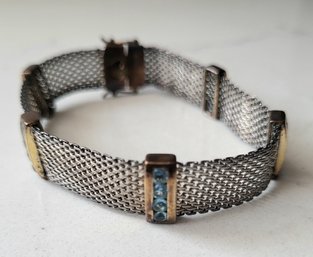 VINTAGE STERLING SILVER MARKED 925 MESH  BRACELET WITH SQUARE BLUE STONES