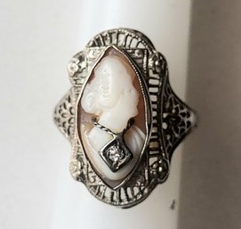 ANTIQUE  14K WHITE GOLD MARKED 'REID?' CAMEO RING WITH DIAMOND--SIZE 5