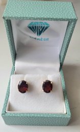 VINTAGE 14K YELLOW GOLD OVAL GARNET PIERCED EARRINGS