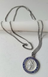 VINTAGE MARKED STERLING SILVER ENAMEL SAINT CHRISTOPHER PENDANT NECKLACE