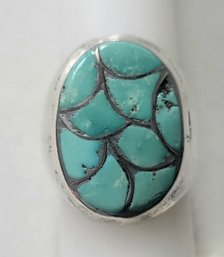 VINTAGE STERLING SILVER LARGE TURQUOISE INLAY WAVE SIGNET RING---SIZE 11