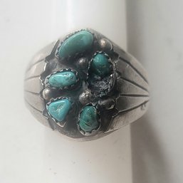 VINTAGE STERLING SILVER NATIVE AMERICAN INSPIRED TURQUOISE COCKTAIL RING WITH MAKERS MARK--SIZE 11 1/2