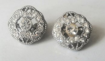 VINTAGE SILVERTONE CRYSTAL EMBELLISHED CUSHION CLIP ON EARRINGS