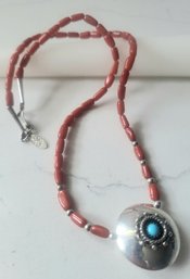 VINTAGE STERLING SILVER MARKED R.B-DYED CORAL BEADED & TURQUOISE STERLING PENDANT NECKLACE