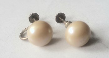 VINTAGE STERLING SILVER FAUX PEARL SCREW BACK EARRINGS