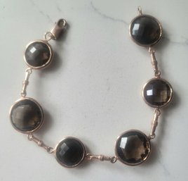 VINTAGE STERLING SILVER MARKED 925 ROSE GOLD PLATED SMOKEY QUARTZ STATION BRACELET--7'L