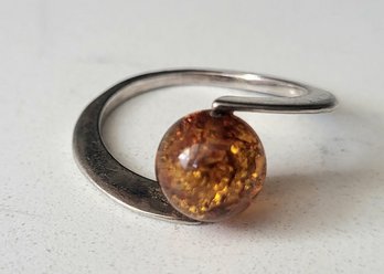 VINTAGE STERLING SILVER NATURAL AMBER BYPASS COCKTAIL RING-- SIZE 10