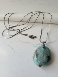 VINTAGE STERLING SILVER ONYX AND TURQUOISE LONG PENDANT NECKLACE