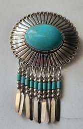 VINTAGE STERLING SILVER MARKED 925  'Q.T.' NATURAL TURQUOISE NATIVE AMERICAN FRINGED BROOCH/PENDANT