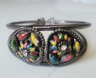 ANTIQUE MADE IN INDIA   SILVER PLATE  QUALITY ENAMEL WORK   CUFF BRACELET WITH COLORED STONES