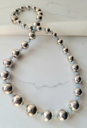 VINTAGE SILVERTONE AND BLUE GRADUATED BEADED NECKLACE WITH MAGNETIC CLOSE--20'L