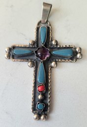 VINTAGE MARKED STERLING SILVER 925 MEXICO CROSS PENDANT WITH TURQUOISE/CORAL & PURPLE CENTER STONE