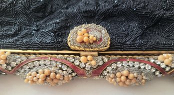 ANTIQUE 'MORABITO PARIS' FINE BLACK BEADED EVENING PURSE WITH ENAMEL/RHINESTONES & SMALL CORAL  BEADSF