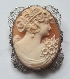 ANTIQUE VICTORIAN FILIGREE 14K WHITE GOLD CAMEO BROOCH/PENDANT