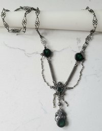 ANTIQUE VICTORIAN  SILVER PENDANT NECKLACE WITH GREEN STONES----16'L