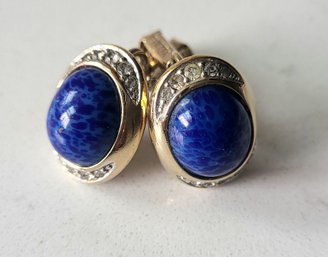 VINTAGE SIGNED 'PANETTA' GOLDTONE CLIP ON EARRINGS WITH OVAL LAPIS LAZULI STONE