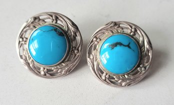 VINTAGE MARKED STERLING & MAKERS MARK PIERCED EARRINGS WITH TURQUOISE